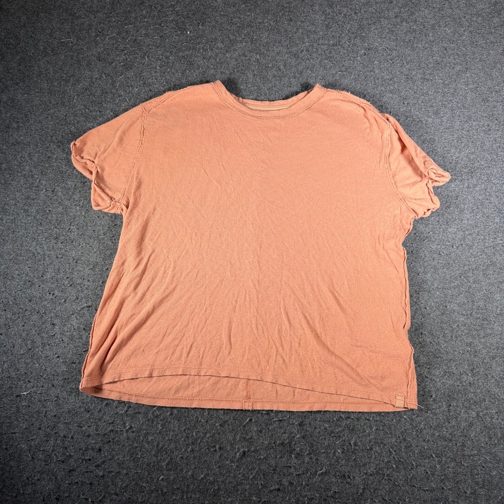 We The Free People Linen Blend Boxy T-Shirt Coral Peach Raw Seam Small OB896590